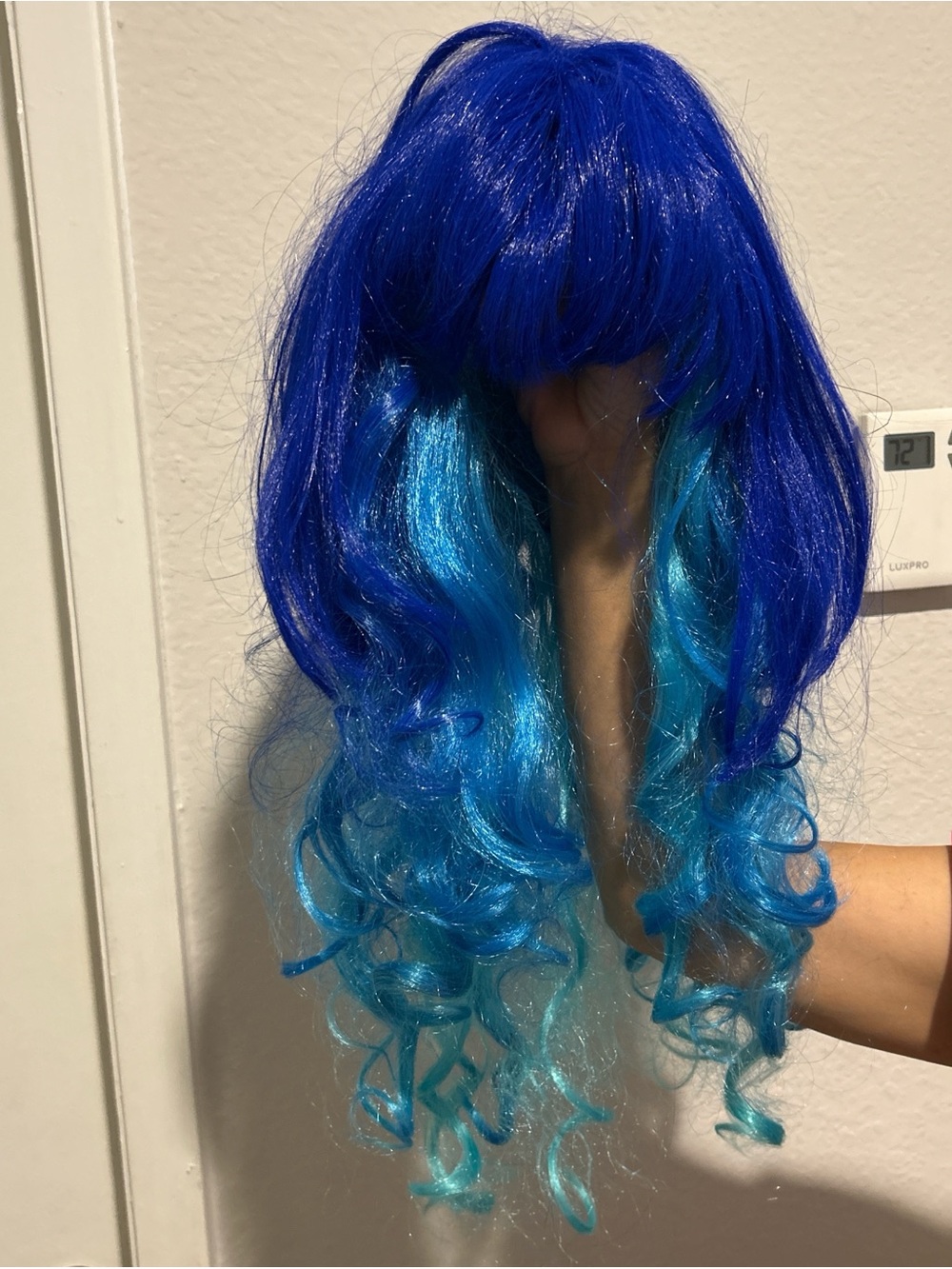 Blue Ombre Long Curly Wig with Bangs - Vibrant Blue